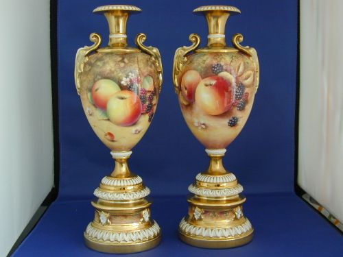 royal worcester pair of fruit painted vases on pedestals