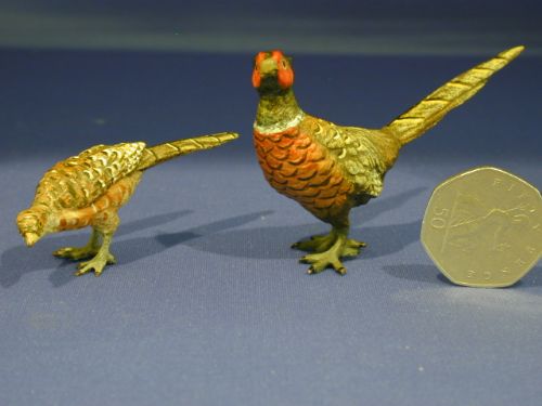 cock and hen pheasant cold painted bronzes