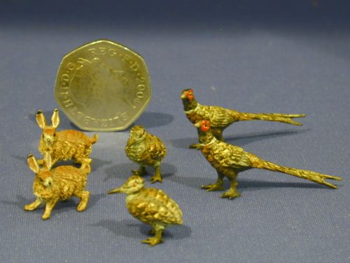 cold painted miniature bronzes of pheasants woodcock and hares