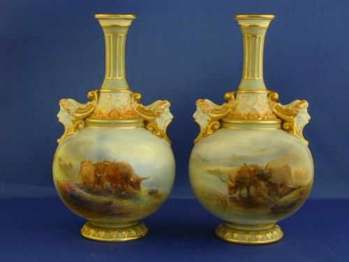 royal worcester pair of vases decorated highland cattle by h stinton