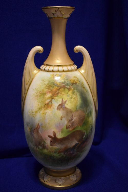 royal worcester vase decorated with rabbits by c baldwyn