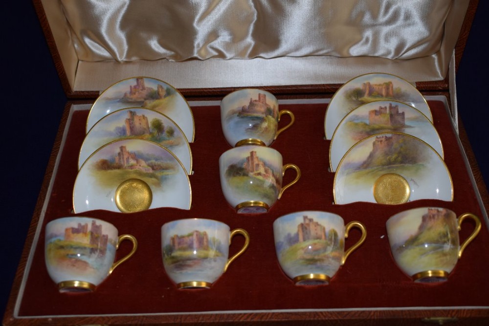 royal worcester cased coffee set decorated with scottish castles
