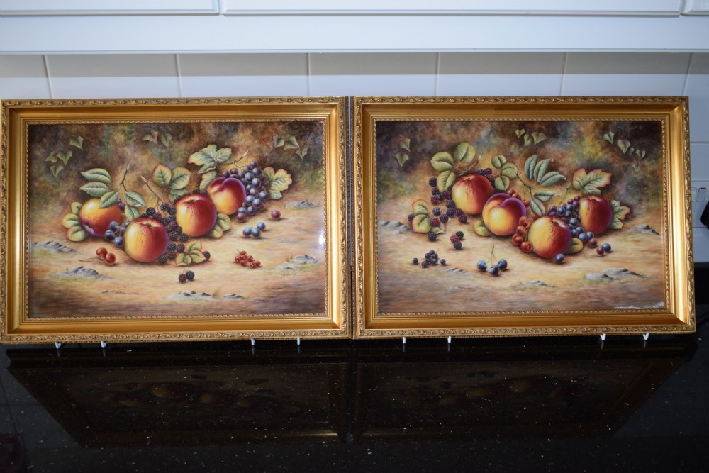 royal worcester pair of large size painted fruit original framed plaques'