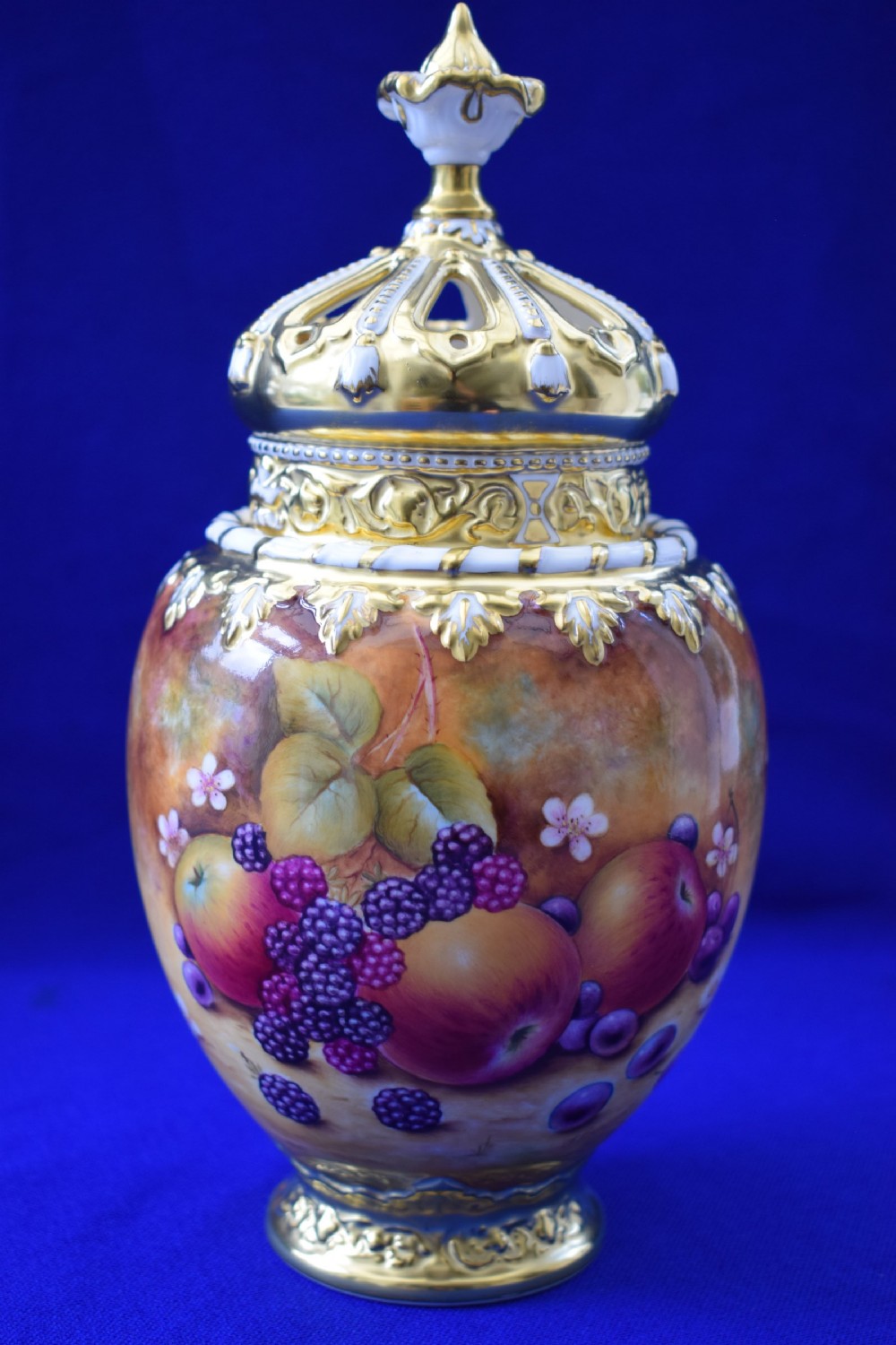 royal worcester painted fruit 3 piece pot pourri vase signed j bowman