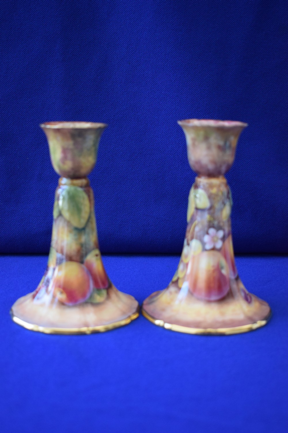 royal worcester painted fruit pair of candlesticks