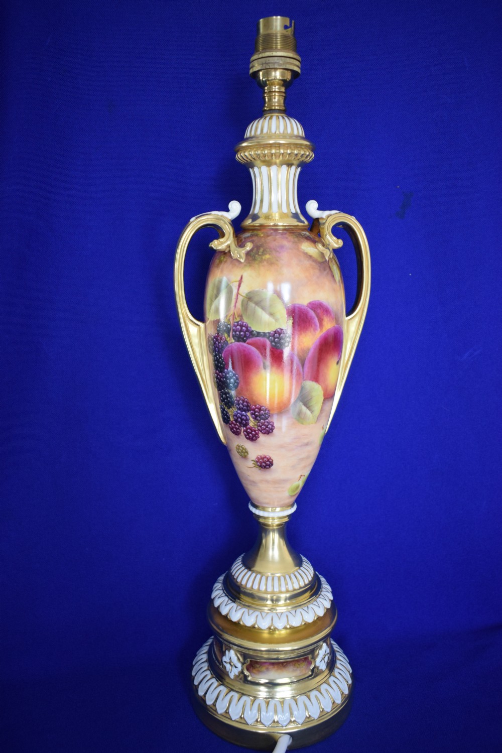 royal worcester painted fruit lamp base on pedestal