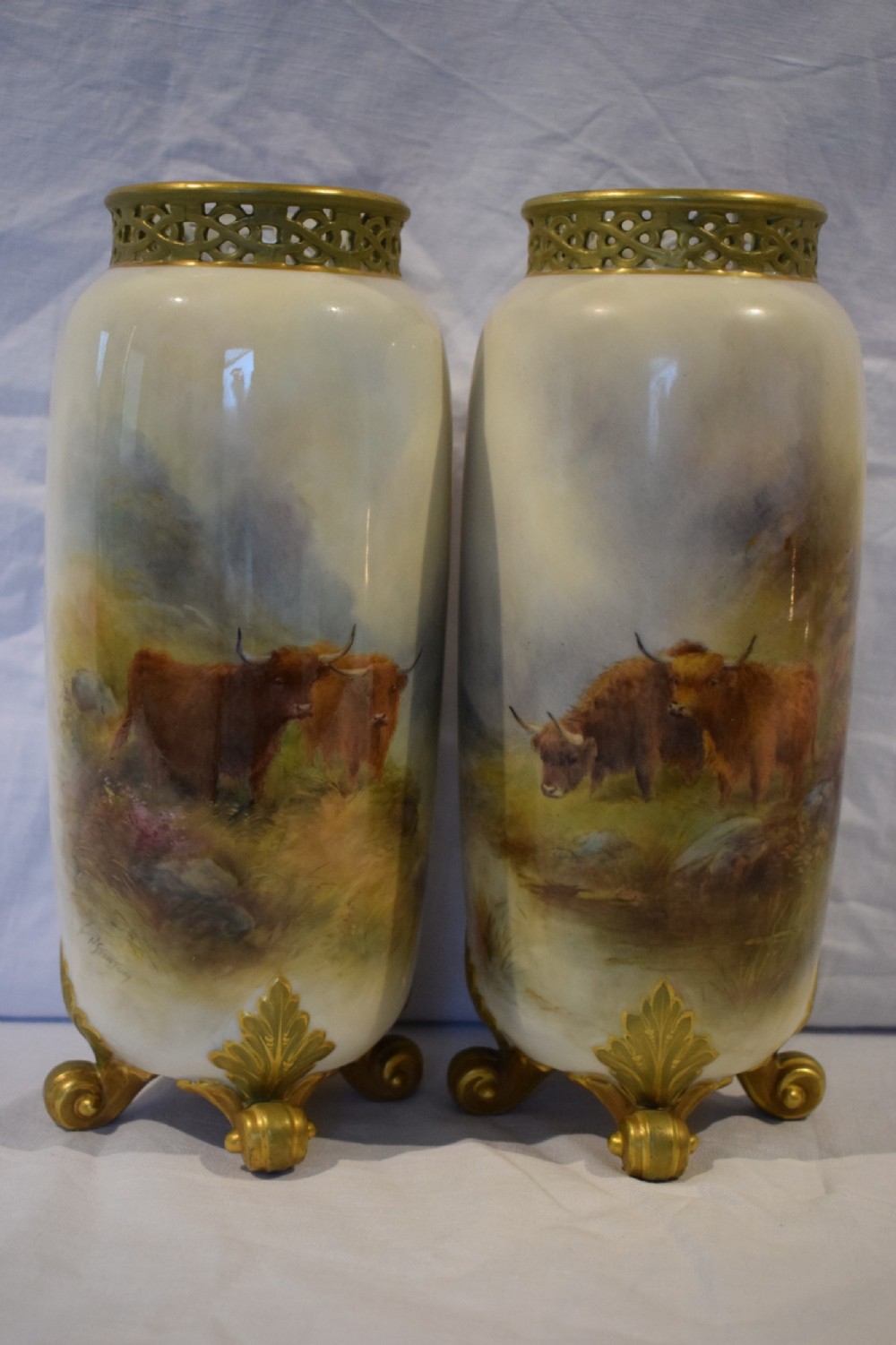 royal worcester pair of spill vases decorated cattle by stinton
