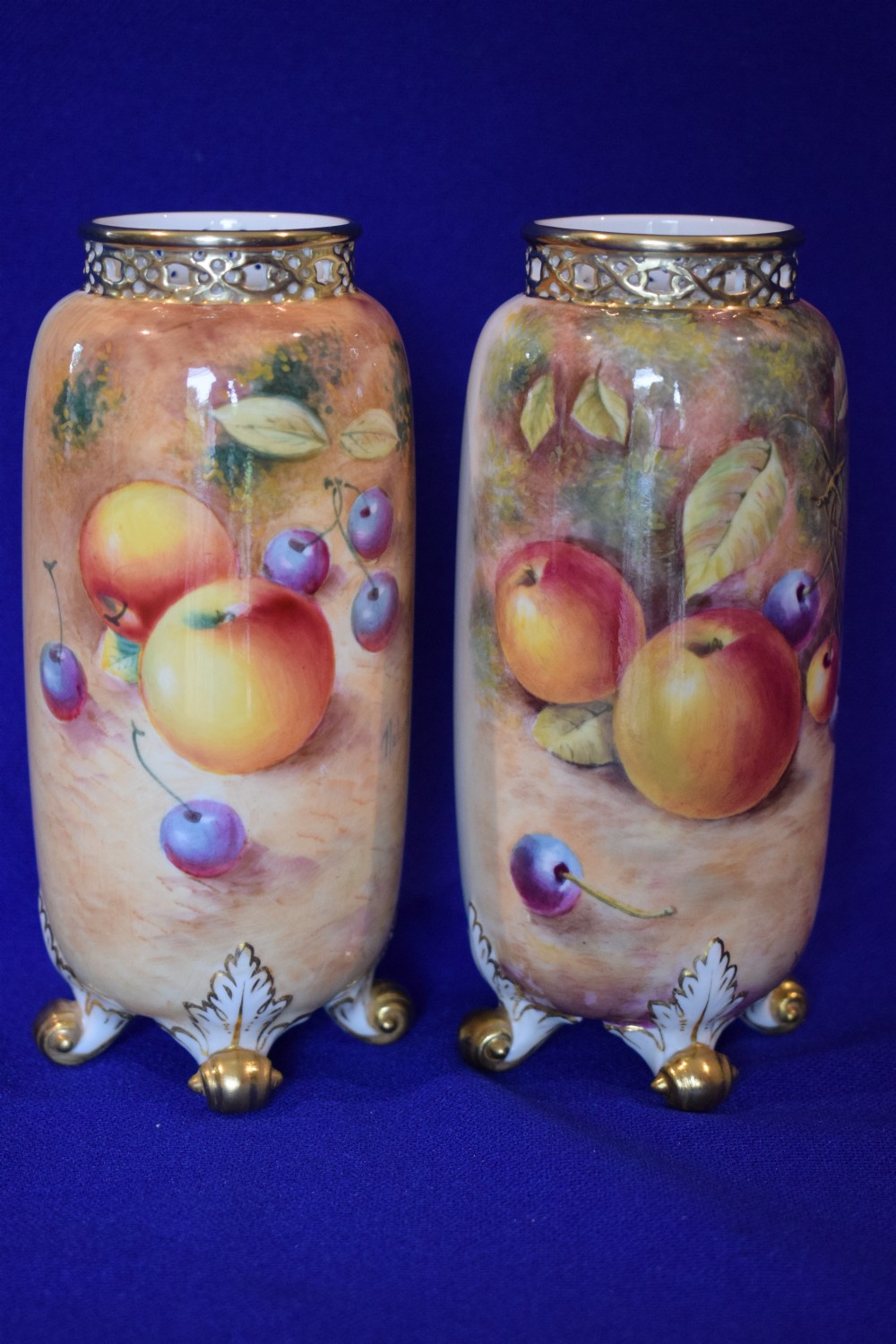 royal worcester painted fruit pair of vases