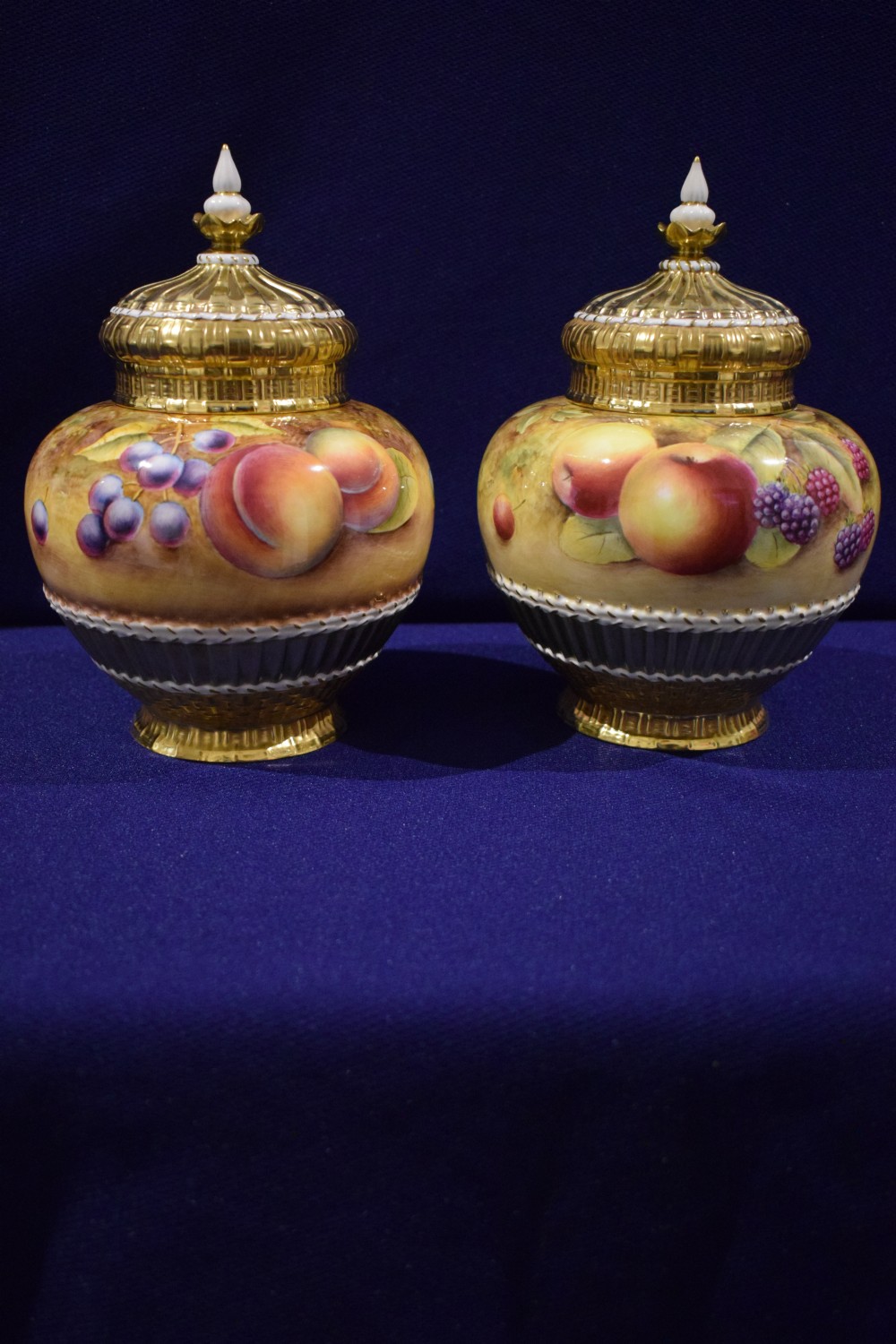 royal worcester painted fruit pair of 3 piece pot pourri vases