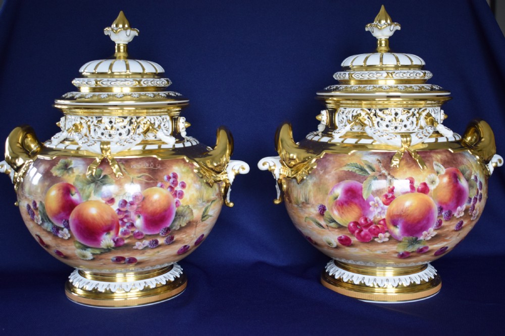 royal worcester pair of medium size painted fruit bow vases