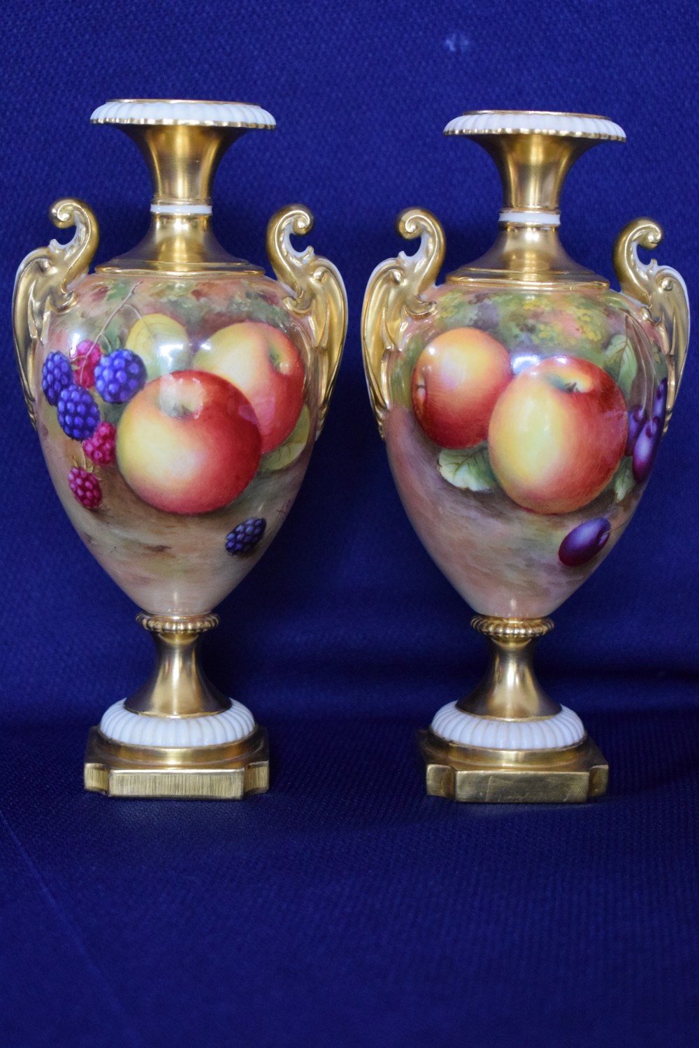 royal worcester pair of small painted fruit vases pink mark