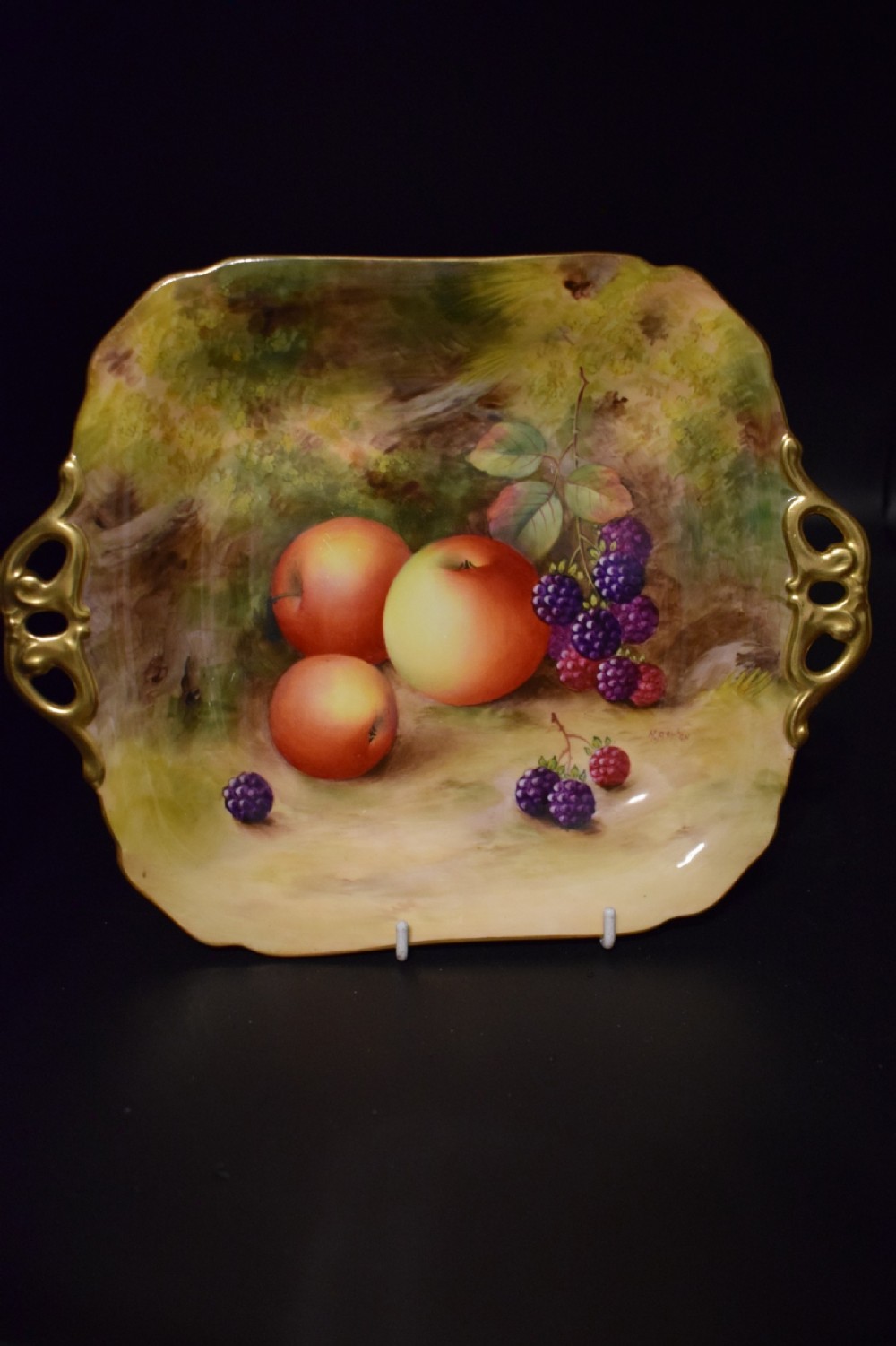 royal worcester painted fruit ribbon handled sandwich plate