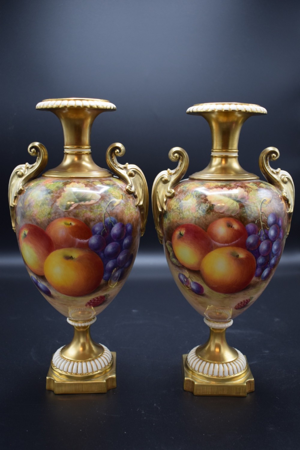 royal worcester pair of painted fruit vases by harry ayrton