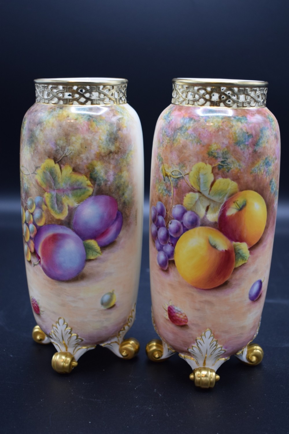 royal worcester pair of painted fruit spill vases