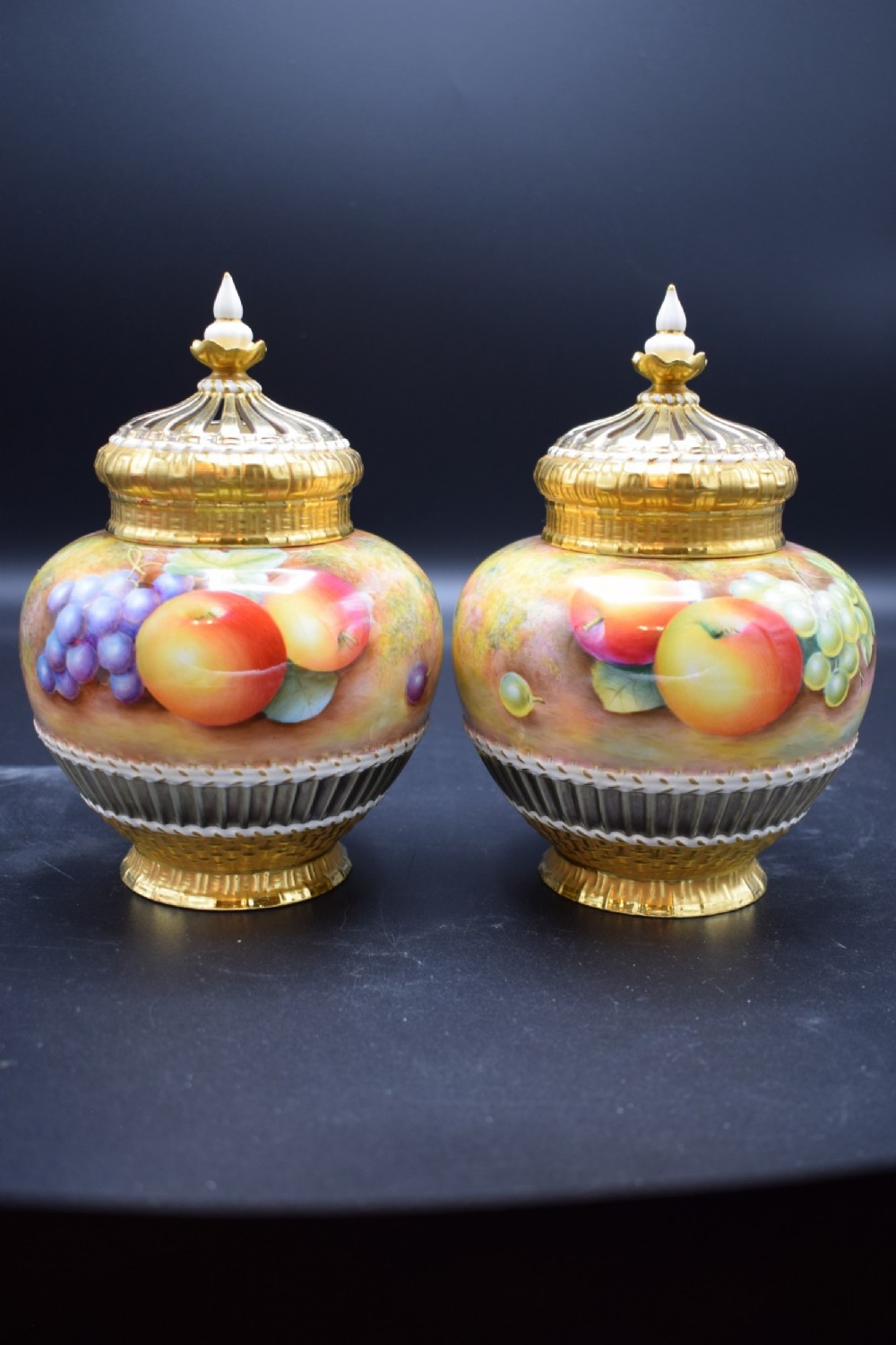 royal worcester pair of painted fruit pot pourri vases by leaman