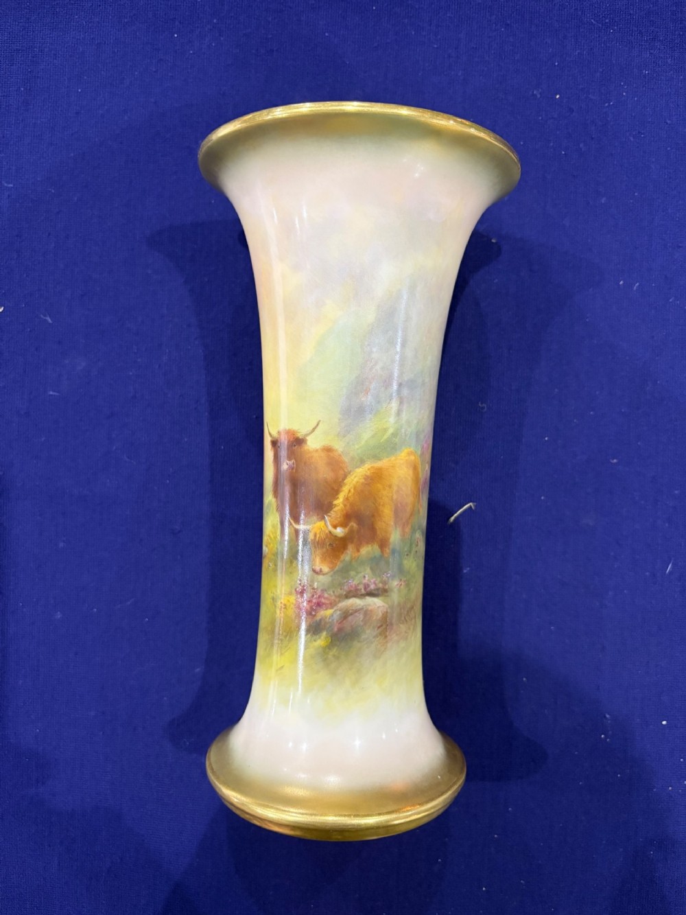 royal worcester spill vase decorated with highland cattle