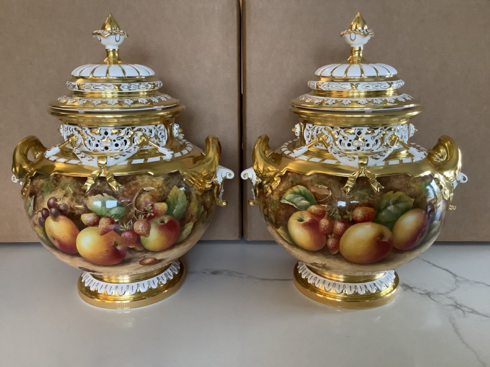 royal worcester pair of painted fruit bow vases ss by paul english