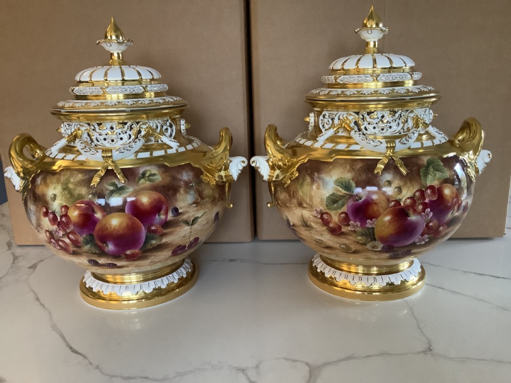 royal worcester pair of painted fruit xl jumbo bow vases by s wood