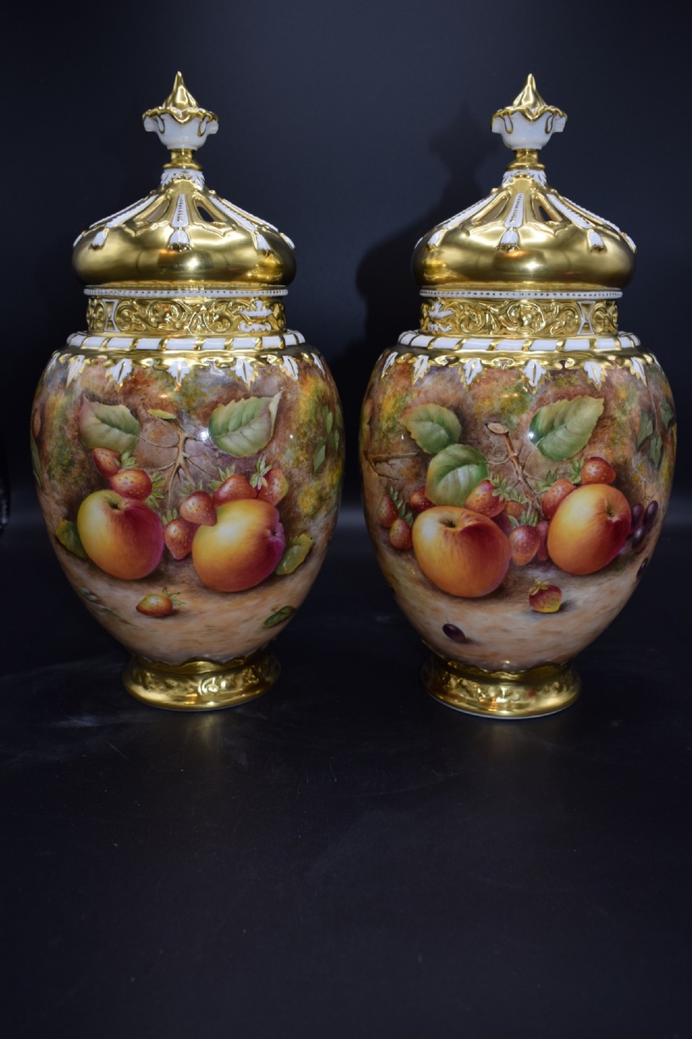 royal worcester pair of crown top pot pourri vases by p english