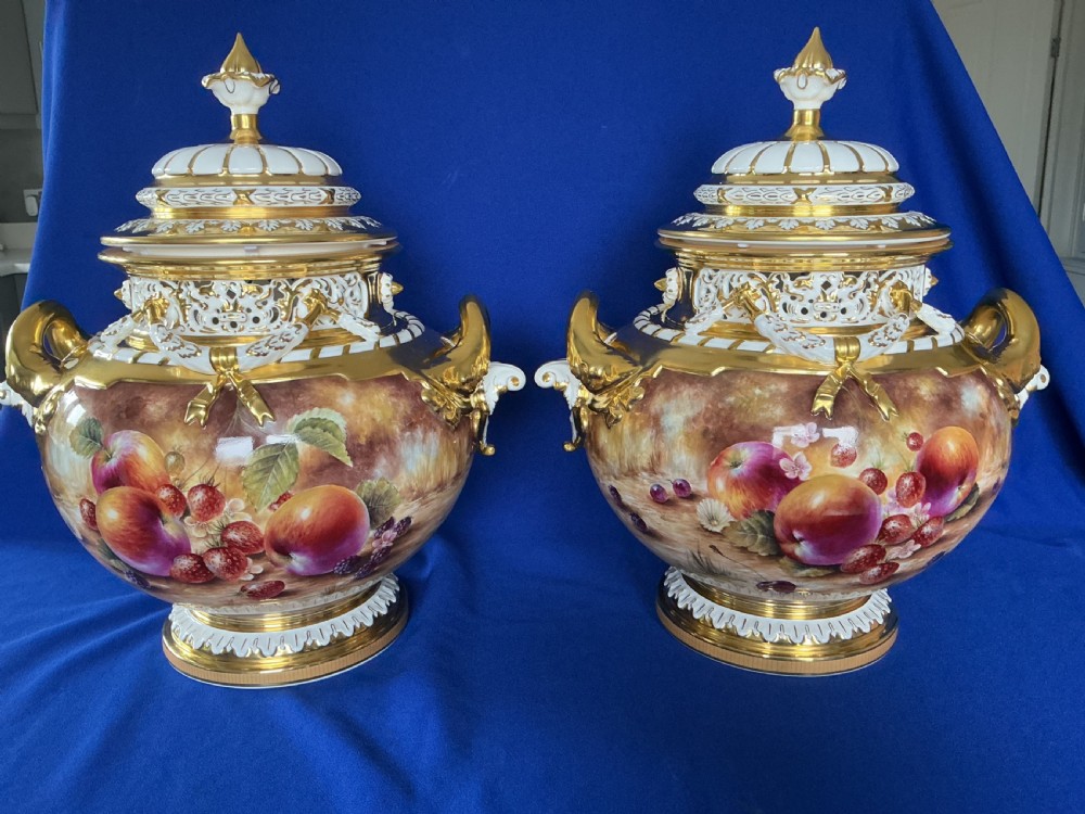 royal worcester pair of medium size ms painted fruit bow vases by sally wood