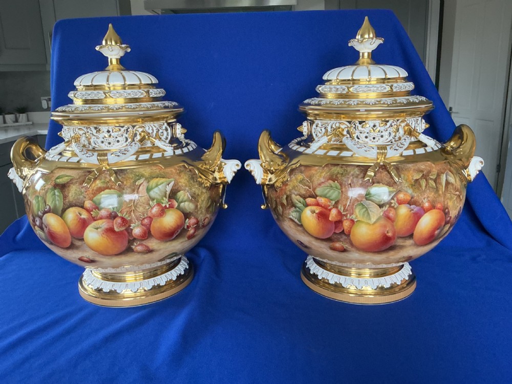 royal worcester pair of painted fruit jumbo xl size bow vases by paul english