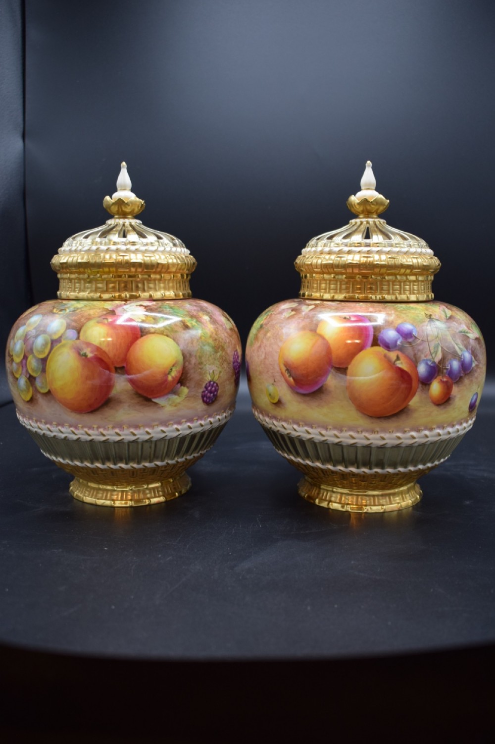 royal worcester pair of painted fruit pot pourri vases
